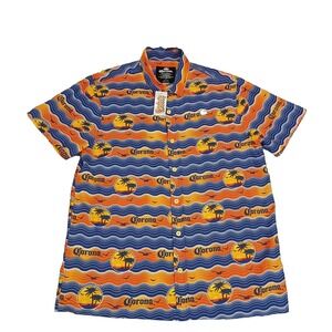 CORONA Shirt Mens Size L Corona Beer Button Up Island Print Camp‎ Hawaiian